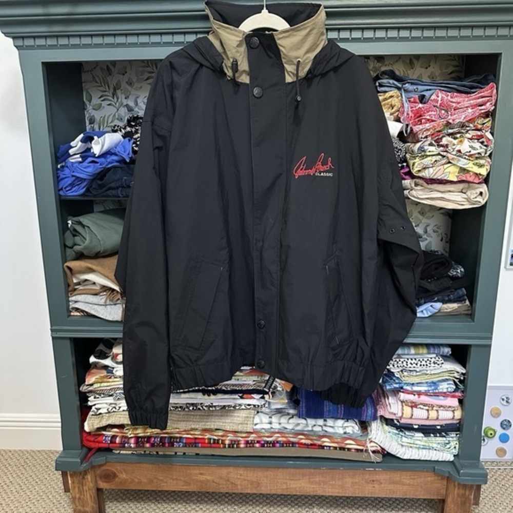 Vintage Oarsman 913 Jacket Mens XL Black Windbreaker Hooded Johnny Bench Pockets - Picture 4 of 12